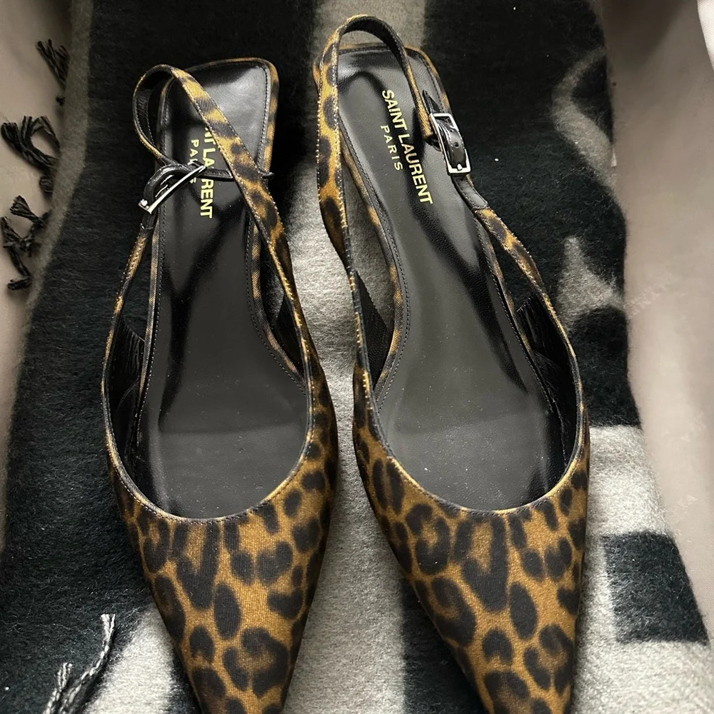 Saint Laurent Leopard Print Slingback Kitten Heels in Brown and Black - Picture 2 of 7